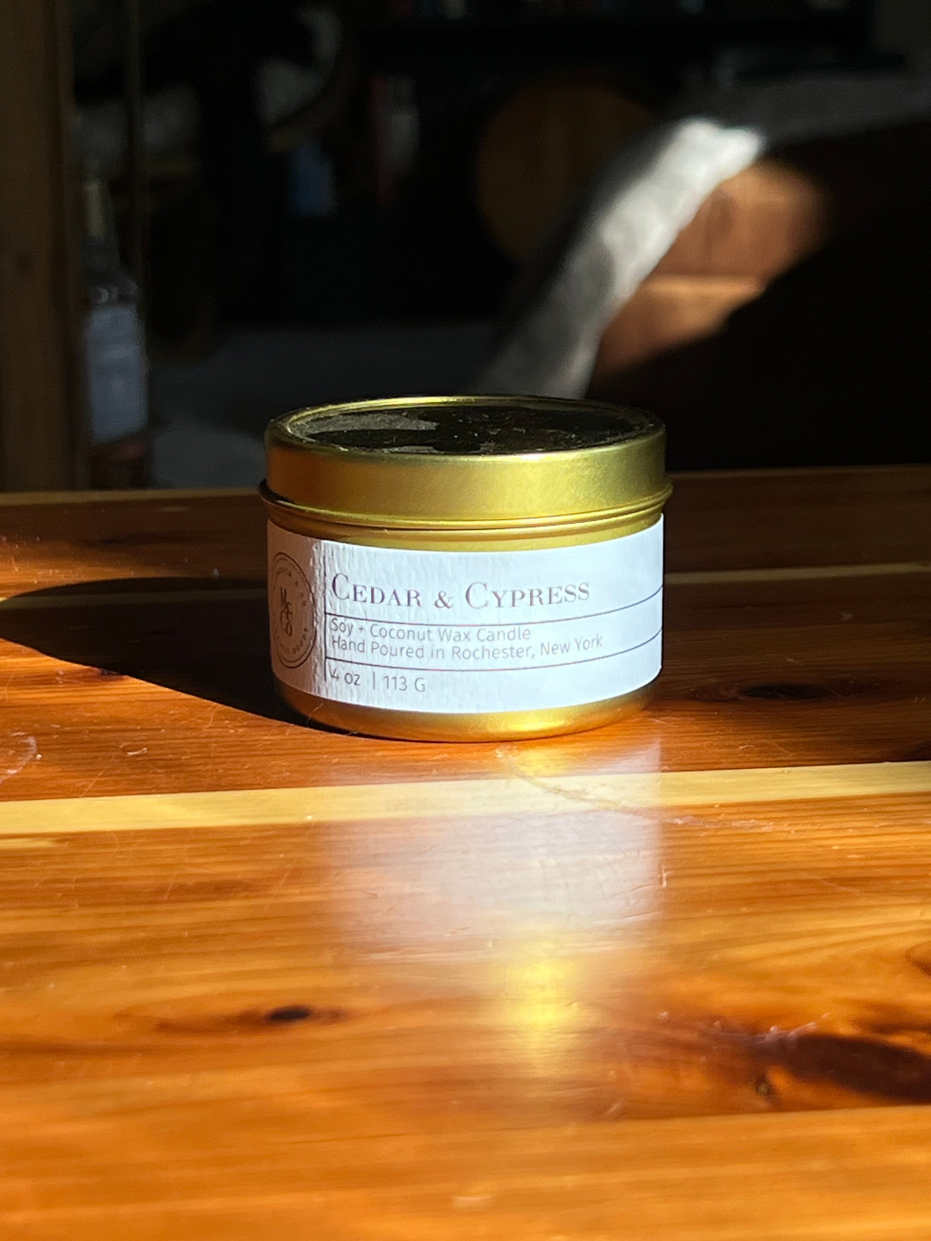 Cedar and Cypress 4 oz Gold Tin Candle