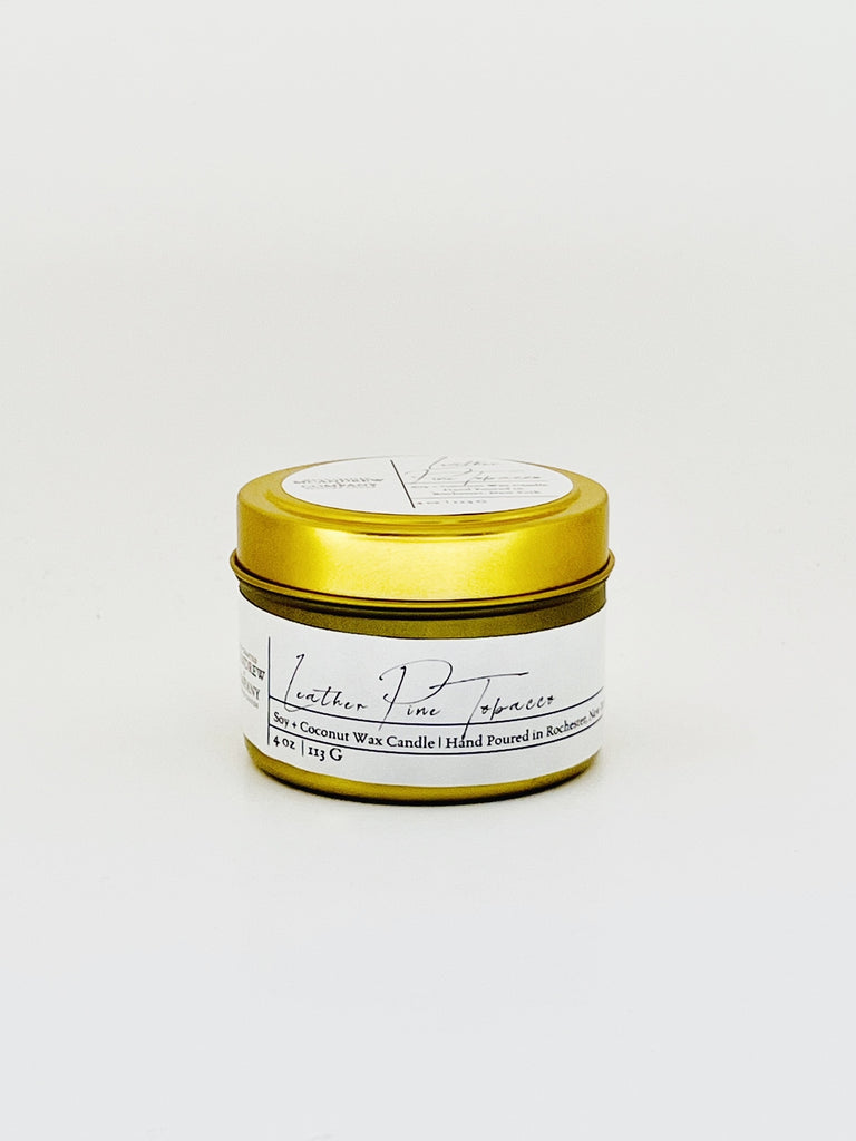 Leather Pine Tobacco 4 oz Gold Tin Candle