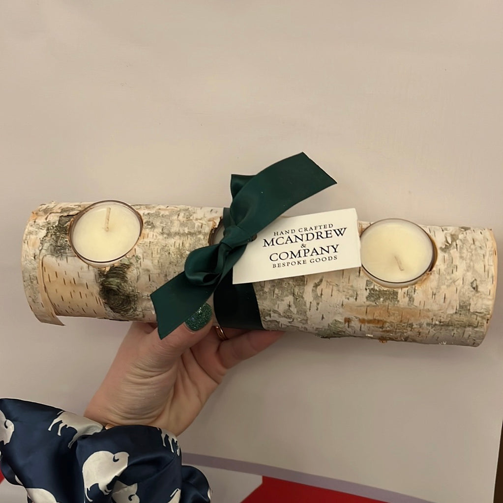 White Birchwood Triple Flat Tealight Holder